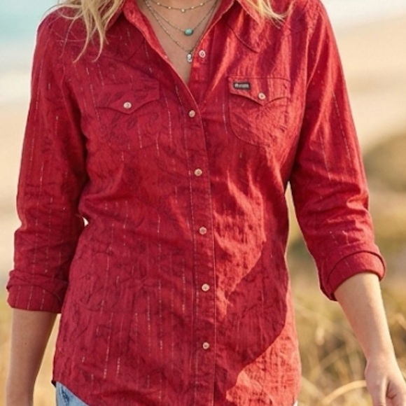 Wrangler Women’s Red Floral Western Snap Shirt - Metallic Stripe - Large - Picture 2 of 9